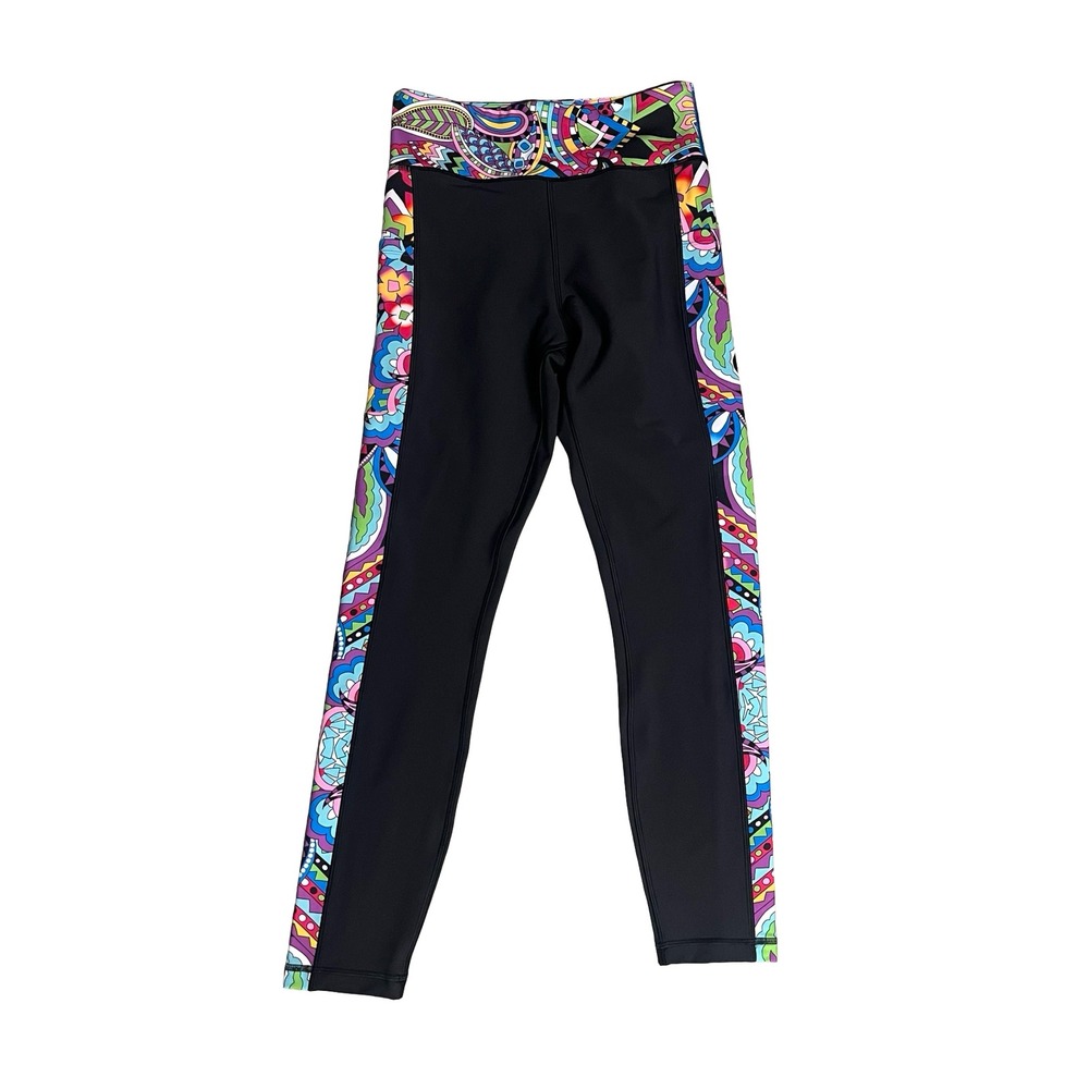 Johnny Was Active Leggings Small Black Multicolor Paisley Geometric Side Pockets
